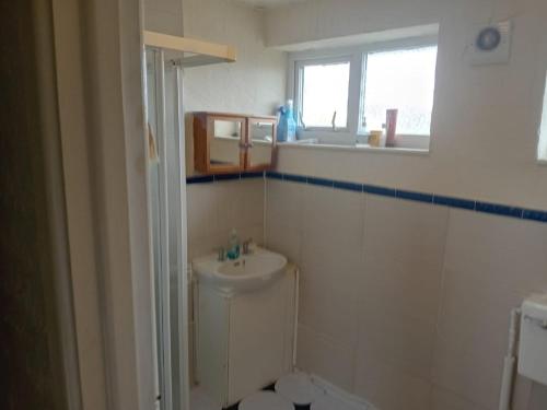 a bathroom with a sink and a toilet and a window at Fresher Space Home Stay in Walsall