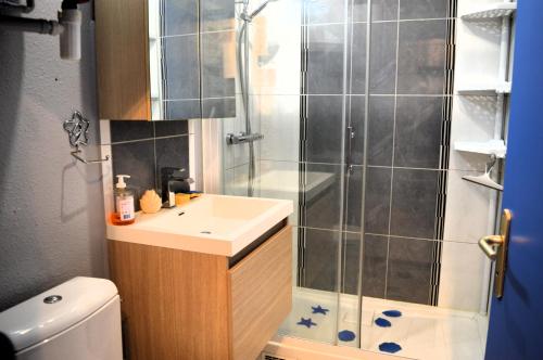 een badkamer met een douche, een wastafel en een toilet bij Le Petit Matelot, studio fonctionnel avec loggia in Courseulles-sur-Mer