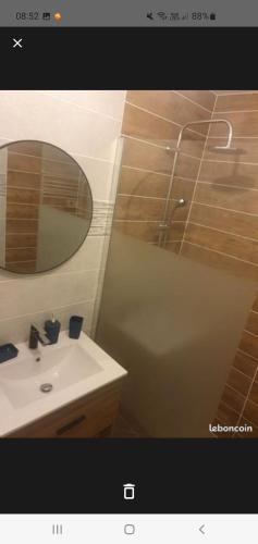 um banheiro com uma pia e um espelho em Jolie T2 en rez de chaussée em Carcassonne