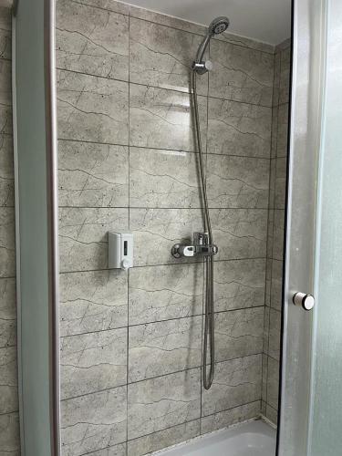 a shower with a glass door in a bathroom at Acomodoro Residence in Bucharest