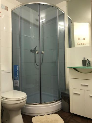 リヴィウにあるGuest roomsのバスルーム(シャワー、トイレ、洗面台付)