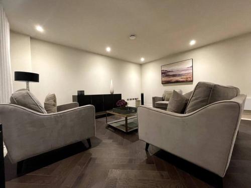 a living room with two couches and a tv at 2BR Urban Vista Retreat CHCL F7 in Chigwell