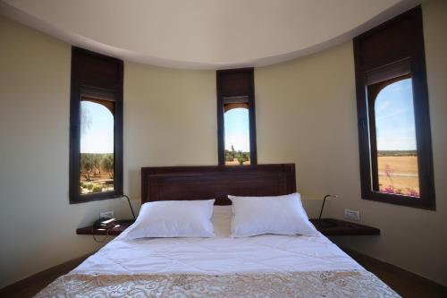 a bedroom with a bed with two pillows and three windows at Villa Tizra - Guest house in AÃ¯n el Ksob