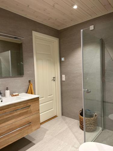 a bathroom with a glass shower and a sink at Bualie Golsfjellet in Gol