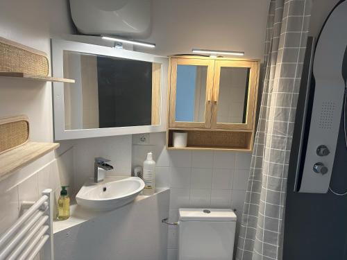 La petite salle de bains est pourvue d'un lavabo et de toilettes. dans l'établissement Appartement agréable et confortable pour 4 personnes, au Havre