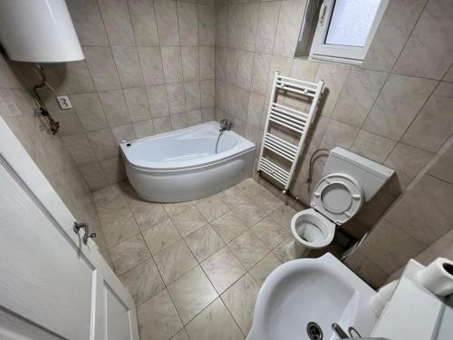 a bathroom with a tub and a toilet and a sink at La Luna Imobiliare in Ocna-Mureşului