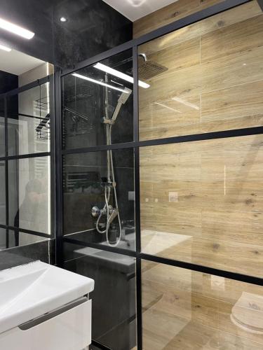 a bathroom with a shower and a sink at Racławickie 28A in Lublin