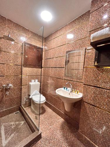 um banheiro com vaso sanitário e pia em Sahara Pyramids Inn em Cairo