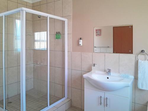 a bathroom with a shower and a sink at Woodpecker's Inn Guest House in Kempton Park