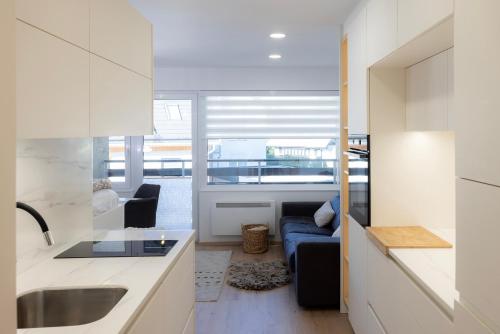 克拉尼斯卡戈拉Relax Studio Kranjska Gora的厨房以及带沙发和水槽的起居室。