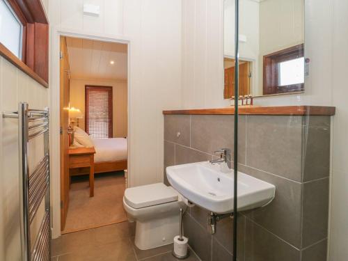 a bathroom with a white toilet and a sink at Leafy Nook Lodge in Ambleside