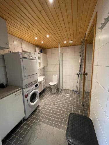 a small bathroom with a washer and a toilet at Ilmastoitu 55 m2 huoneisto saunalla Lahden satamassa in Lahti
