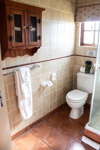 a bathroom with a toilet and a glass shower door at Siesta Guesthouse & Wedding Venue - Frankfort in Frankfort