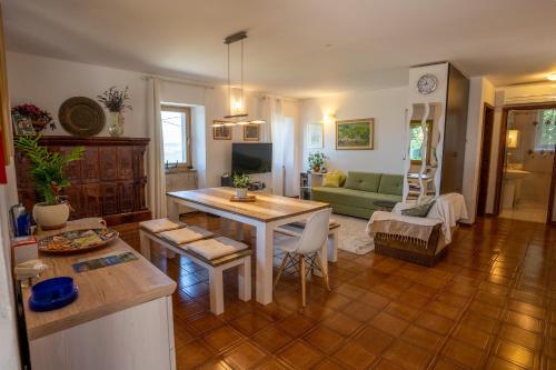 a kitchen and living room with a table and a couch at Violet's Place in Črni Kal