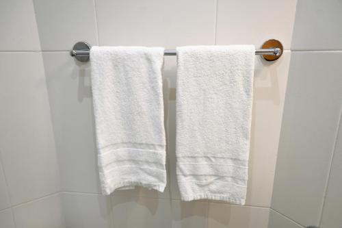2 toallas colgando de un toallero en el baño en Homenfun Barcelona Les Corts, en Barcelona