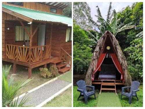 two pictures of a house with a gazebo at Centro Ananda in Guápiles