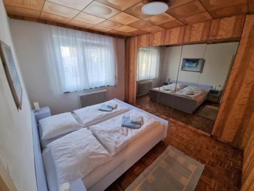a bedroom with a large bed and a large mirror at Appartement Eigelsreiter Lindwurm in Traisen