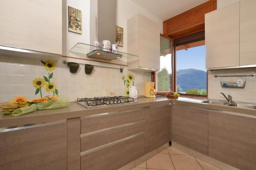 uma cozinha com um balcão com um fogão e uma janela em Casa Virginia em Mandello del Lario