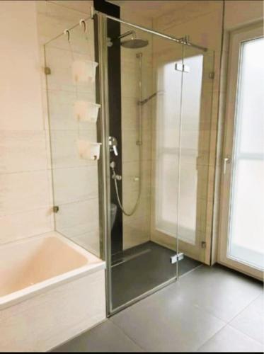 a shower with a glass door in a bathroom at Sylvis Home Zentral gelegenes Ferienhaus in ruhiger Lage in Fürth
