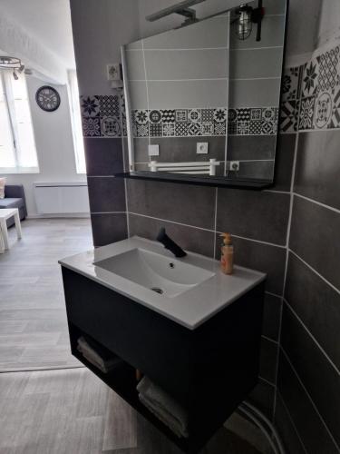 une salle de bain avec un lavabo et un miroir au mur dans l'établissement Superbe appartement - Hypercentre - rue Madeleine - 6 personnes, à Troyes