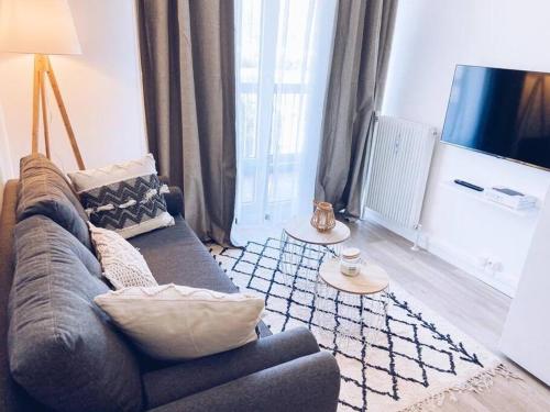 un salon avec un canapé et une télévision dans l'établissement Superbe: parking gratuit + wifi puissant + balcon, à Grenoble