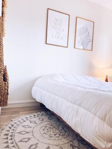 un lit dans une chambre avec deux tableaux au mur dans l'établissement Superbe: parking gratuit + wifi puissant + balcon, à Grenoble