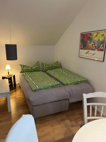 1 dormitorio con 1 cama con edredón verde en Gemütliche, großzügige Ferienwohnung, en Salzhausen