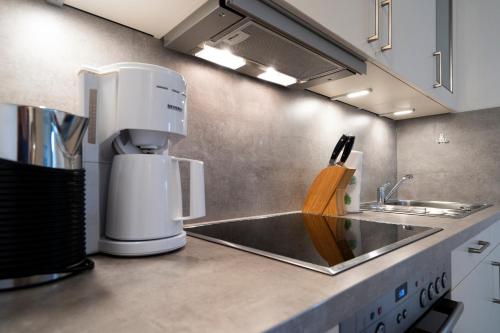eine Küchentheke mit einem Mixer und einem Waschbecken in der Unterkunft Wohnpark am Mühlenteich App 14 in Timmendorfer Strand