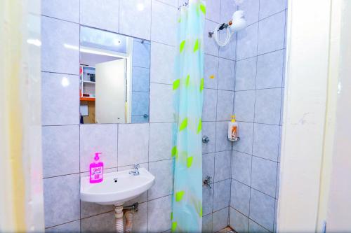 a bathroom with a sink and a mirror at Enac Homes - Classy, Elegant Executive Studios - Kiambu Road in Kiambu