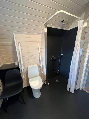 a bathroom with a toilet and a shower at Helle Aktivitetshotel in Årre