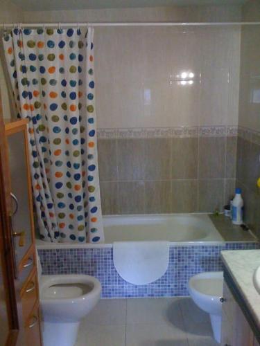 a bathroom with a toilet and a tub and a sink at Apartament Gran Pirineu in Montferrer