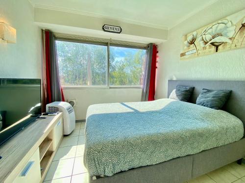 une chambre avec un lit, un lavabo et une fenêtre dans l'établissement Château de l'étoile By SCLS Locations, à Cannes