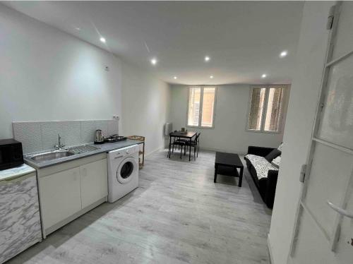 uma cozinha com um lavatório e uma máquina de lavar roupa num quarto em Appartement proche vieux port em Marselha