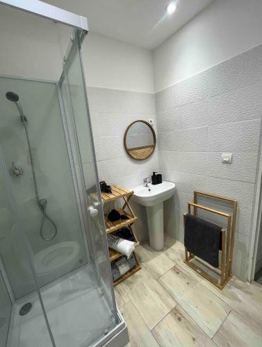 une salle de bain avec douche et lavabo dans l'établissement Appartement proche vieux port, à Marseille