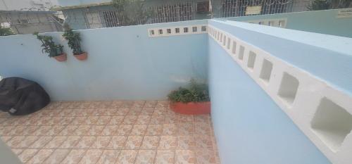a balcony with potted plants on a white wall at Olas Del Mar Beach Apartment in Luquillo