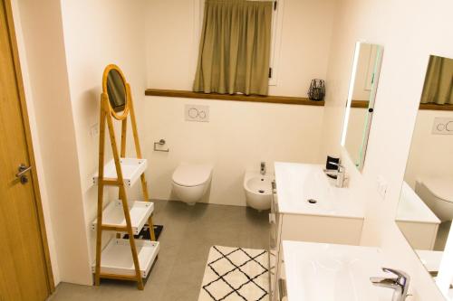 a bathroom with a sink and a toilet and a mirror at Dimora Relax in Costigliole dʼAsti