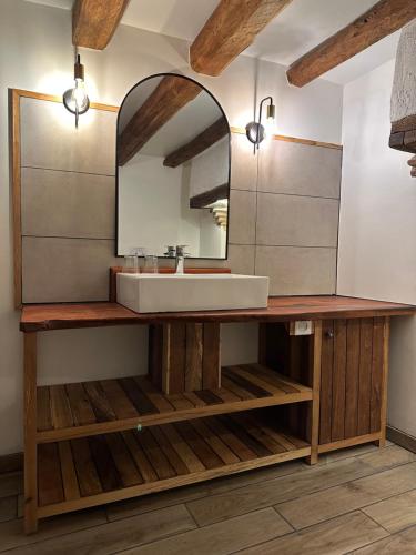 uma casa de banho com um lavatório e um espelho em Domaine de Couilleuse em Saint Laurent Nouan