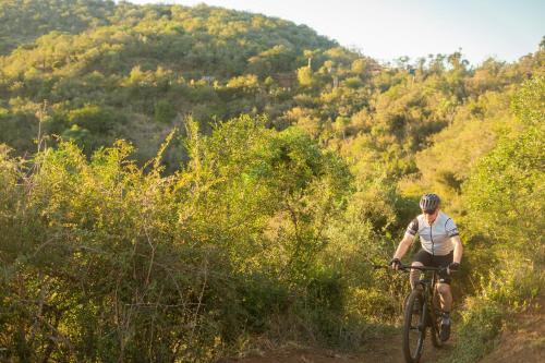 a man riding a bike down a dirt trail at AfriCamps Addo in Swanepoelskraal
