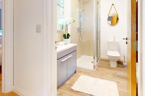 een badkamer met een douche, een wastafel en een toilet bij Croyde Secret Garden in Croyde