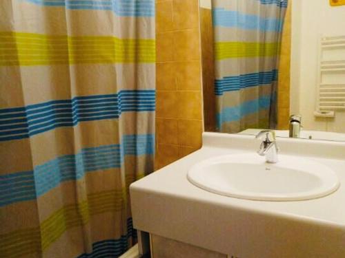 une salle de bain avec un lavabo et un rideau de douche dans l'établissement Studio lumineux · Ski aux pieds · Balcon privé - FR-1-181-2454, à Aime La Plagne