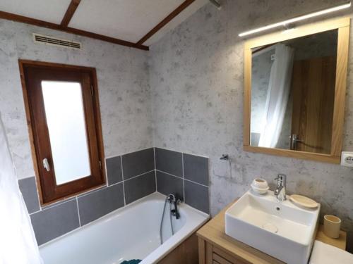La salle de bains est pourvue d'un lavabo, d'une baignoire et d'un miroir. dans l'établissement Gîte Arpajon-sur-Cère, 3 pièces, 4 personnes - FR-1-742-21, à Arpajon-sur-Cère