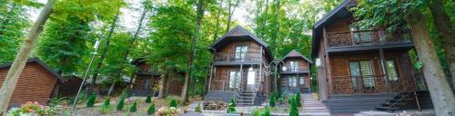 a group of wooden cabins in a forest at Готельно-ресторанний комплекс БОЖЕДАР in Vinnytsya