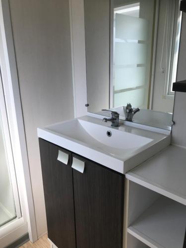 a bathroom with a white sink and a mirror at Mobil home 6 personnes dans camping 5* in Houlgate