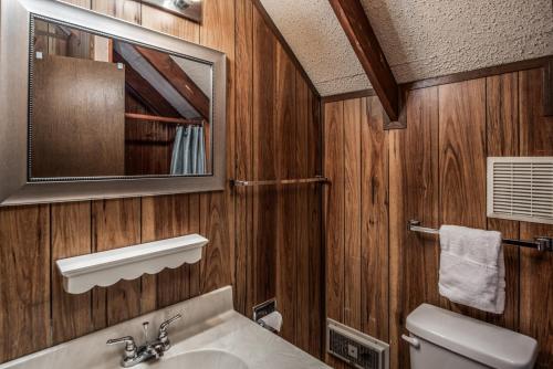 uma casa de banho com um lavatório, um espelho e um WC. em Knott Inn em Ruidoso