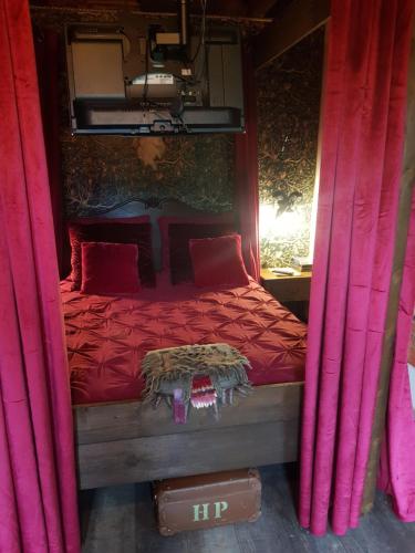 a bedroom with a red bed with pink curtains at La Pensine du célèbre sorcier in Bourogne