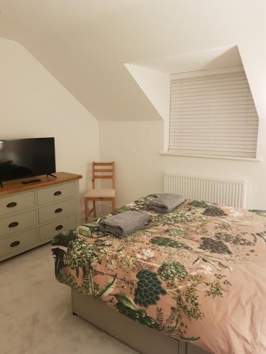 a bedroom with a bed and a dresser and a television at Luxury Holiday Home in St. Leonards
