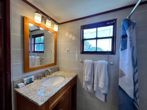 een badkamer met een wastafel en een spiegel bij Talk of the Town Inn & Suites - St Eustatius in Oranjestad