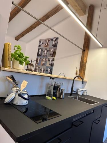 a kitchen with a black counter top and a sink at DIE ZWEI CHALETS AM TEGERNSEE "s' Gloane" & "s' Große" in Rottach-Egern