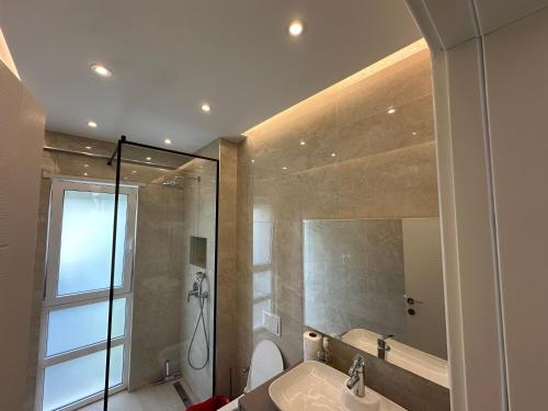 a bathroom with a sink and a shower and a mirror at Luxury Apartment - San Pietro in Durrës