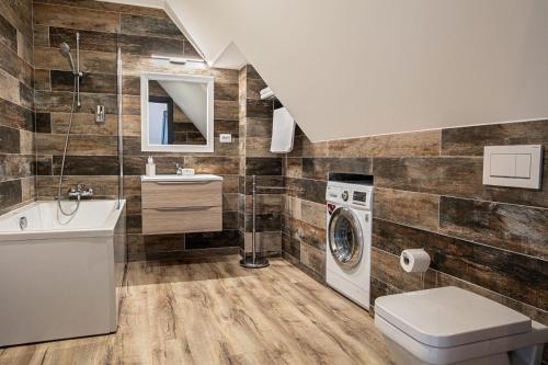 a bathroom with a toilet sink and a washing machine at The Bricks 1903 Lofts in Bistriţa